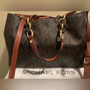 Michael Kors Black and Brown Shoulder Bag with Gold Accents